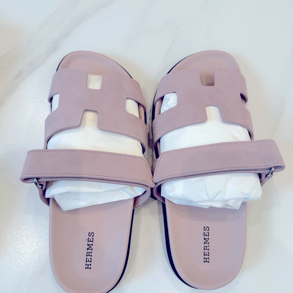 BRAND NEW HERMES CHYPRE ROSE PORCELAIN SANDAL PINK COMFORT SUEDE